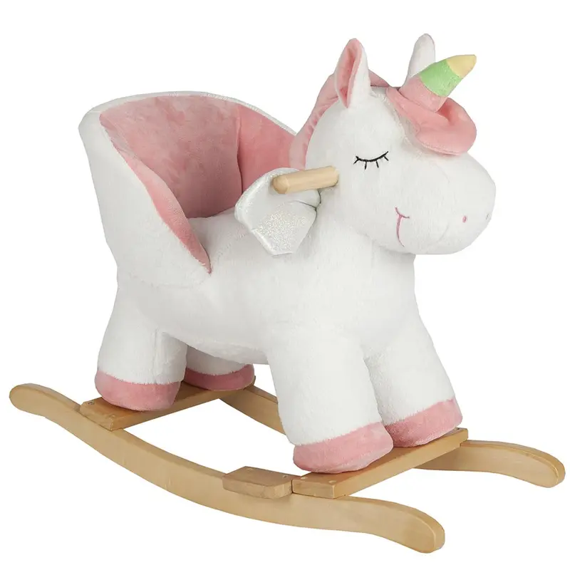Unicorno Dondolo Cavalcabile Peluche Cavallo con Suoni Cintura Sicurezza Gioco Legno