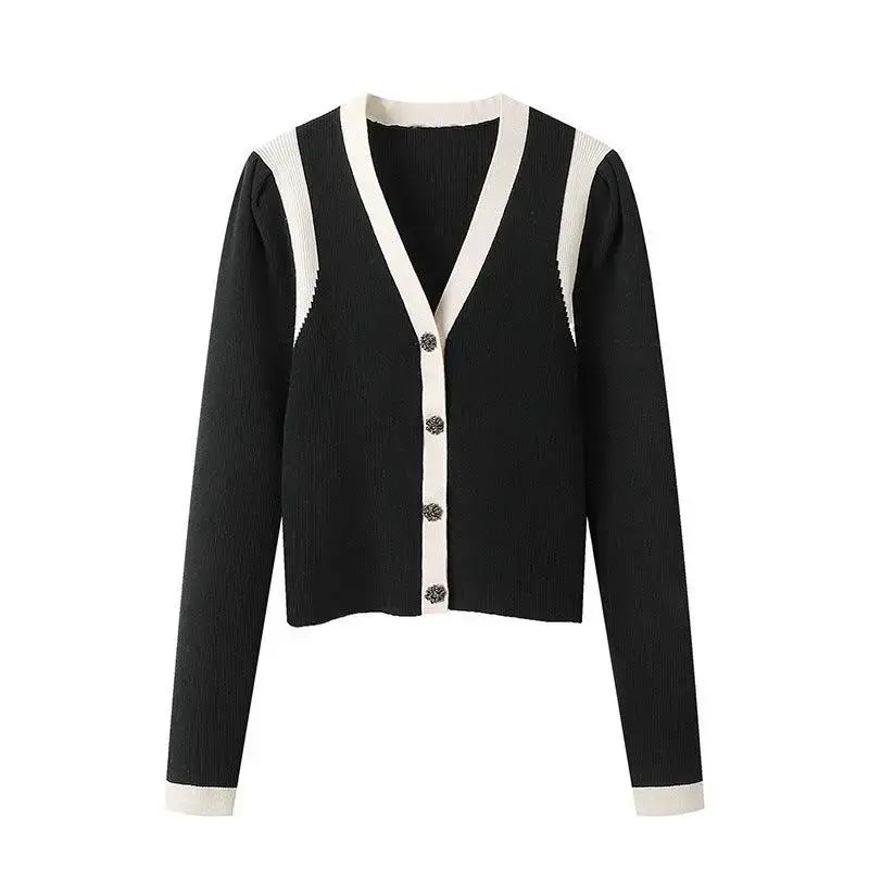 V-Neck Panel Single-Breasted Long-Sleeve Slim Fit Contrast Knit Sweater Top