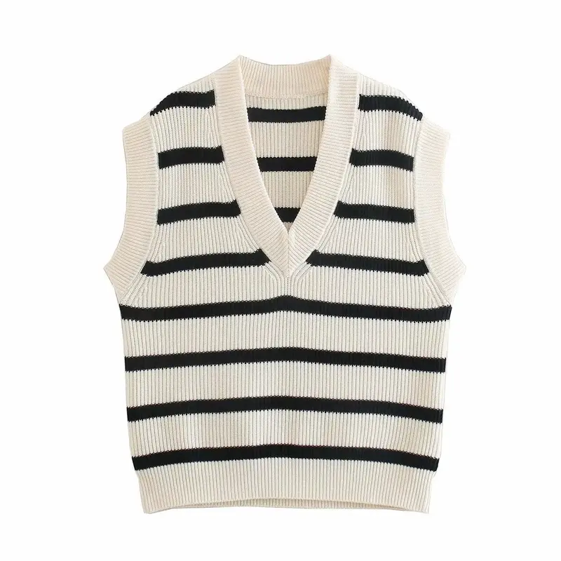 V-Neck Sleeveless Loose Contrast Striped Knit Tank Top