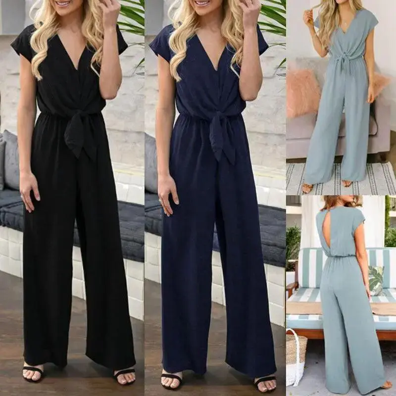 V-neck Tie High Waist Short-sleeved Jumpsuit