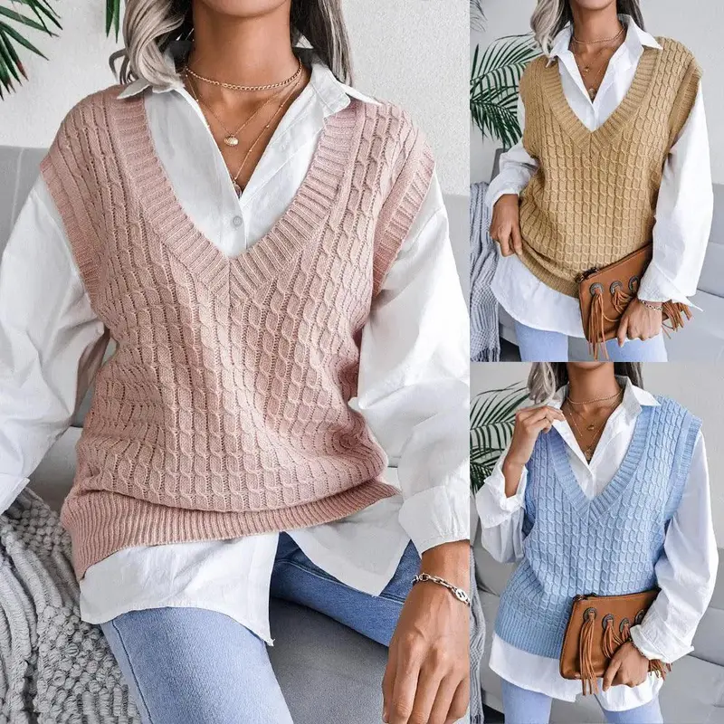 V-neck Twist Casual Loose Knit Sweater Vest