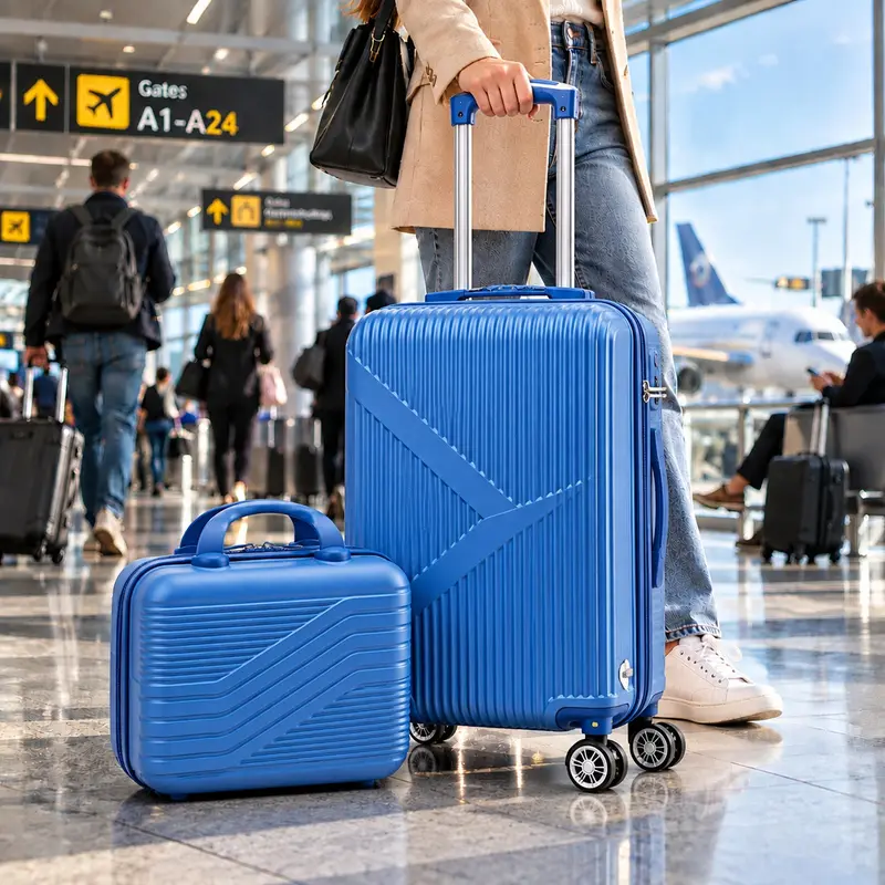 Valigia Rigida Trolley Bagaglio a Mano con Beauty Case 36x20 H 45 cm Blu