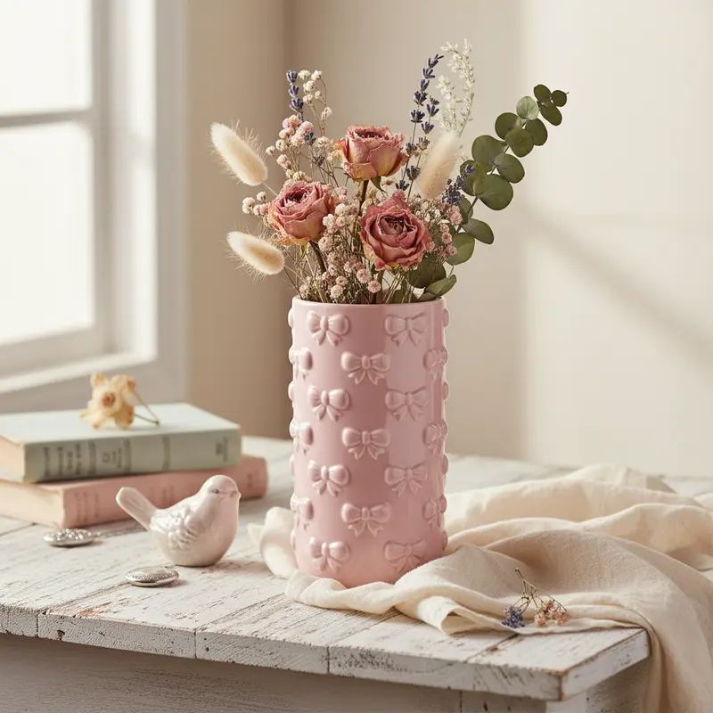 Vaso di Ceramica con Fiocchetti a Rilievo Rosa