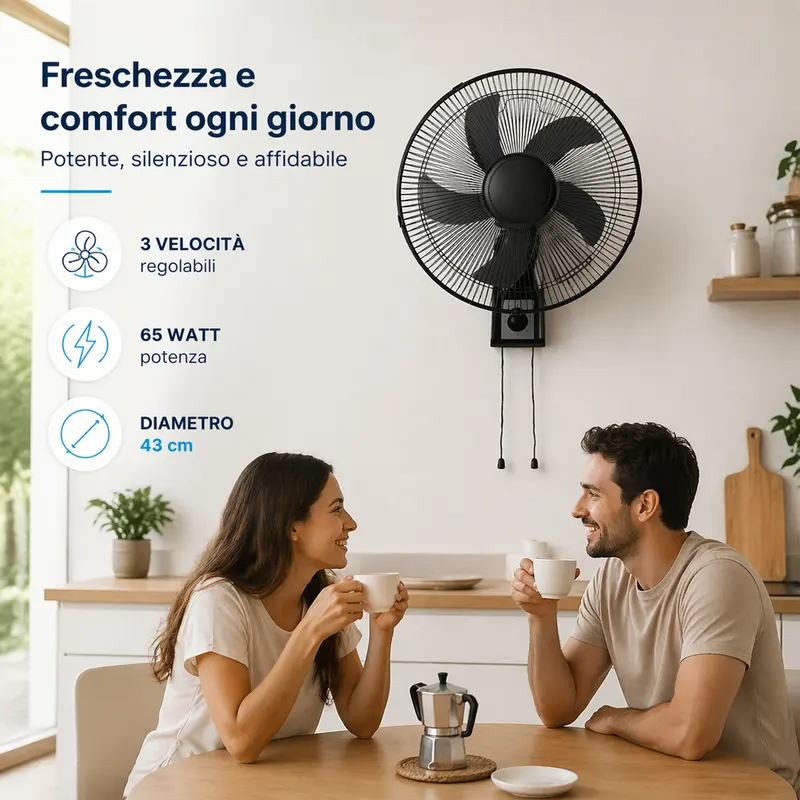 Ventilatore da Muro 43 cm Silenzioso 3 Velocità 65Watt a Parete Nero