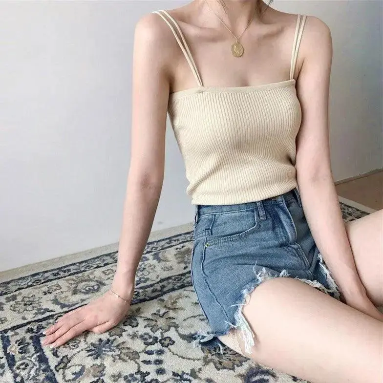 Versatile double straps slim knit bottoming shirt top
