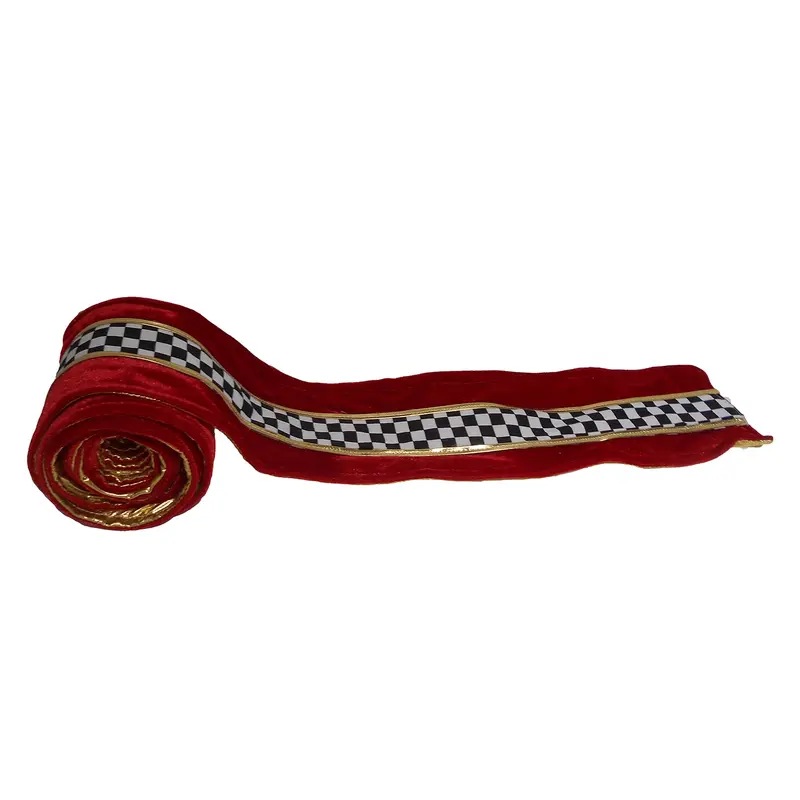VETUR Rotolo nastro natalizio velluto rosso fantasia scacchi bianco e nero 300cm