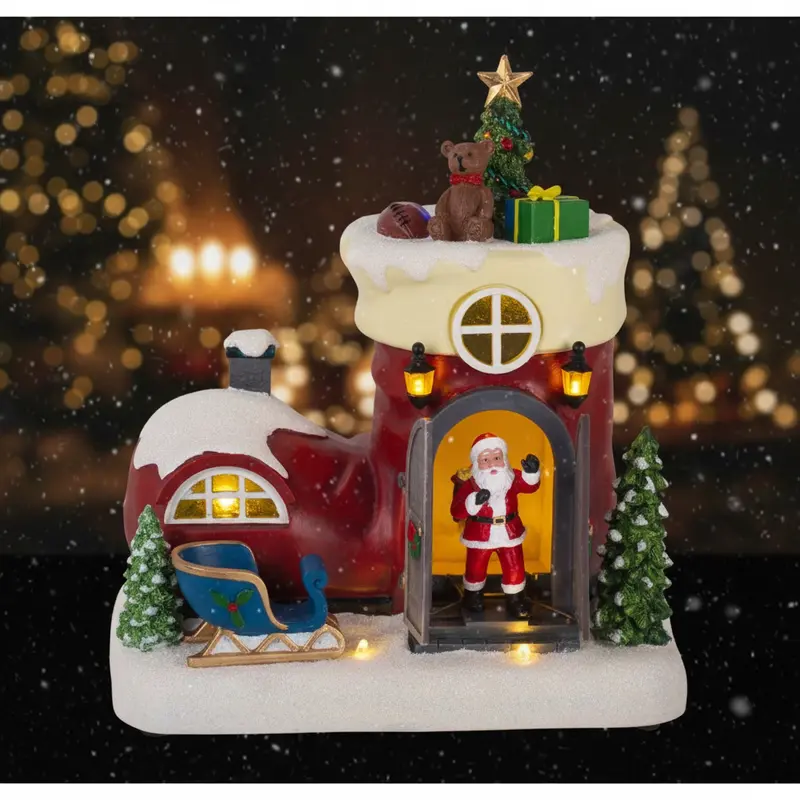 Villaggio Natalizio Stivaletto Luminoso con Babbo Natale – Decorazione Natale in Resina
