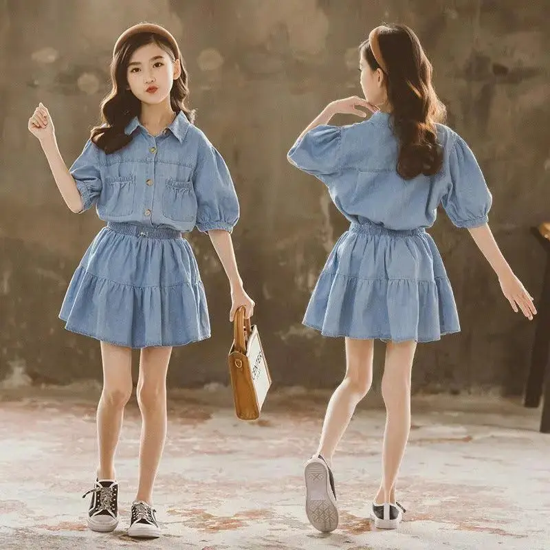 Western Style Two-piece Denim Skirt For Girls
