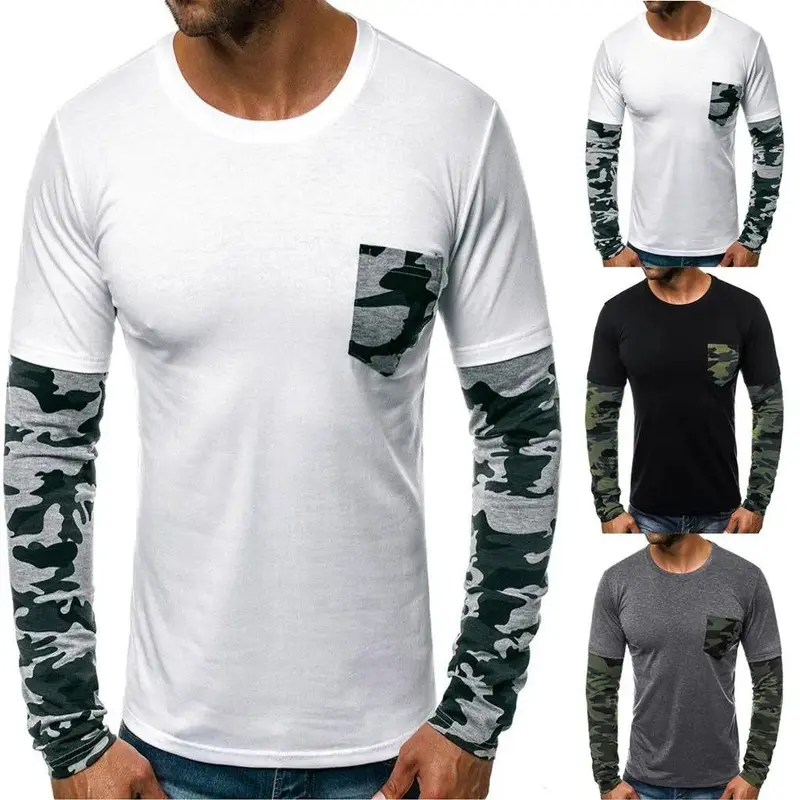 Winter Men's Solid Color Stitching Camouflage Round Neck Casual T-shirt