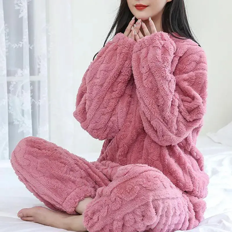Winter Pajamas Sets Home wear Solid Color Loose Thickened Coral Velvet Pullover Long Sleeves And Trousers Warm Pajamas Indoor Outdoor Casual Clothes