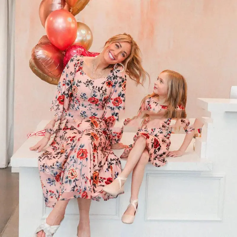 Women Big Flower Print Parent-child Dress