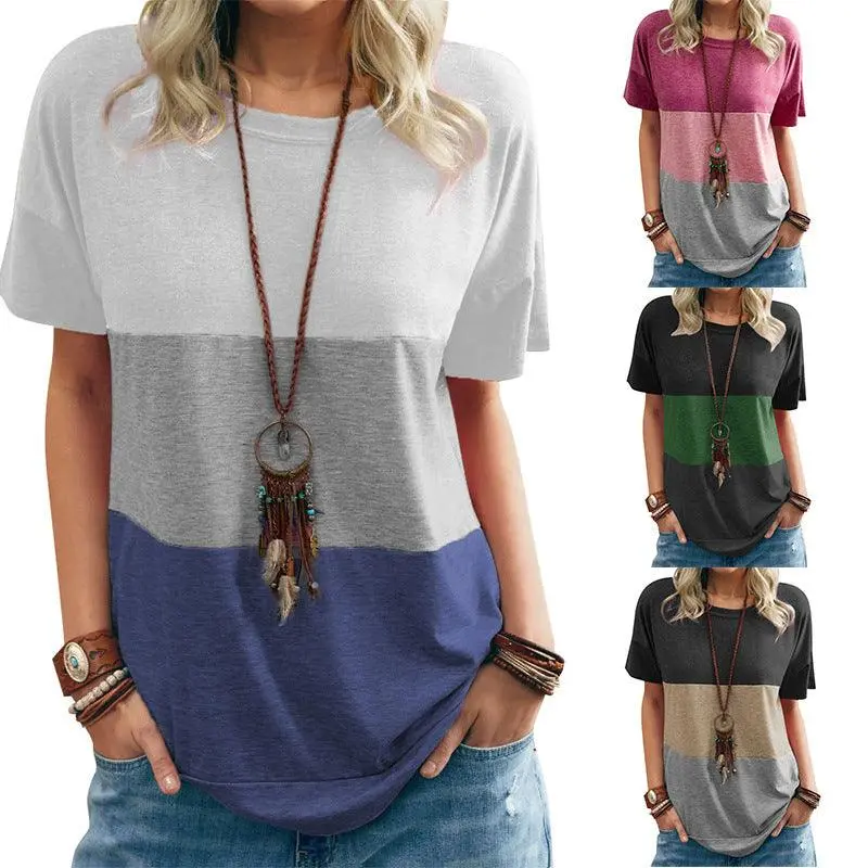 Women Color block Round Neck Loose Short Sleeves