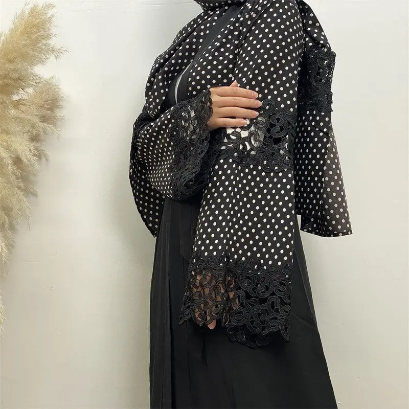 Women Fashion Black Lace Patchwork Polka Dot Cardigan