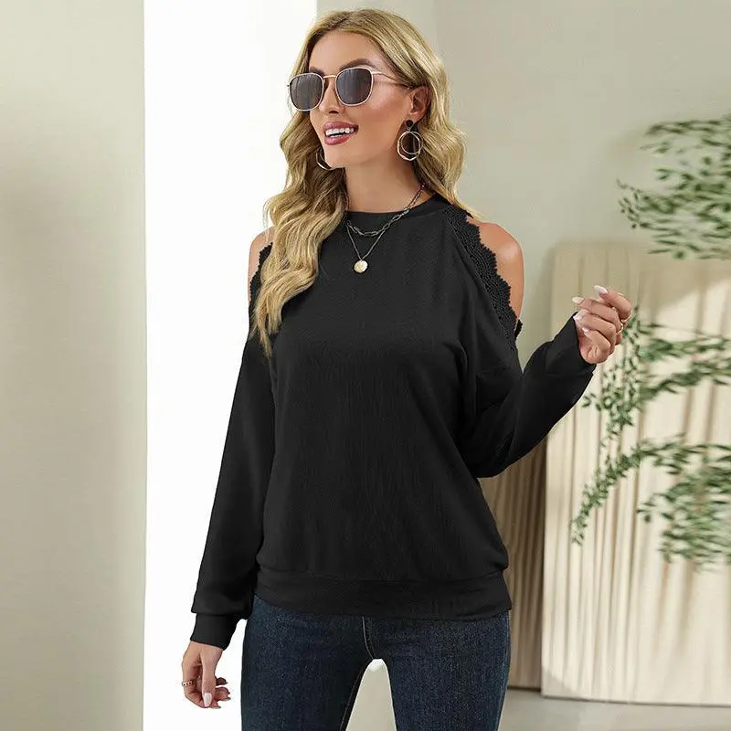 Women Fashion Lace Panel Sexy Shoulder Drop Casual T-shirt