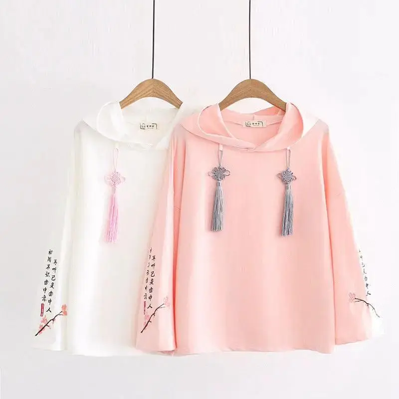 Women Floral Embroidery Hooded Sweatshirts Chinese Style