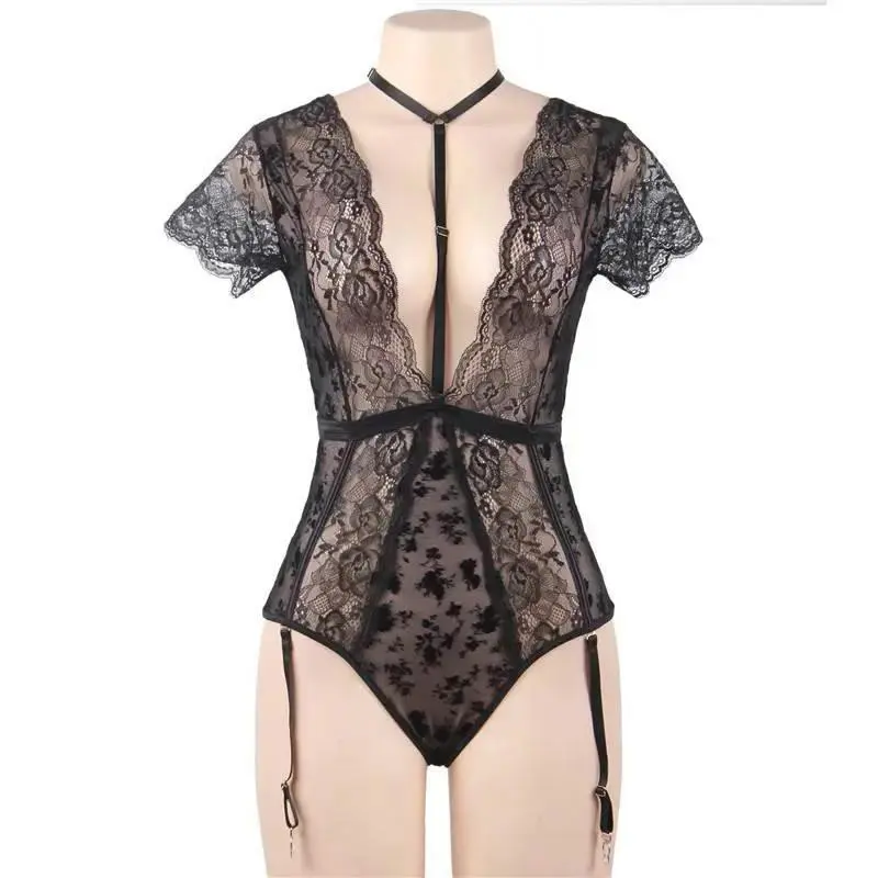 Women Lace Deep V Short-Sleeved See-Through Garter Bodysuit