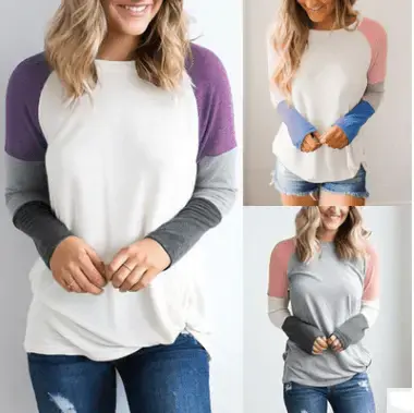 Women Long Sleeve T-shirt Casual O Neck Patchwork Gray White Tops Tees Female 2021 Autumn Fashion New Clothing