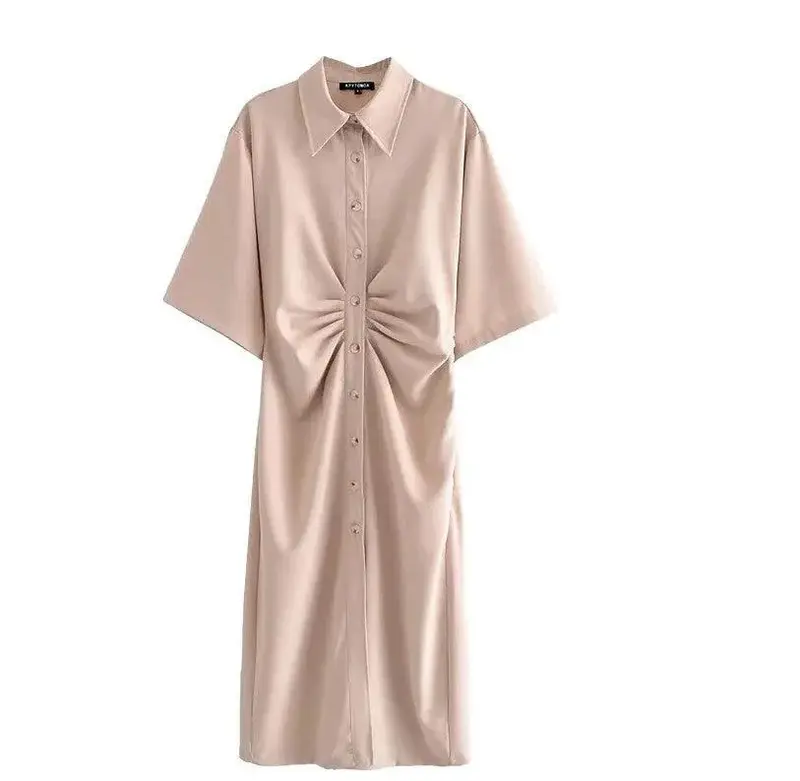 Women Pleated Ladies Lapel Solid Color Dress