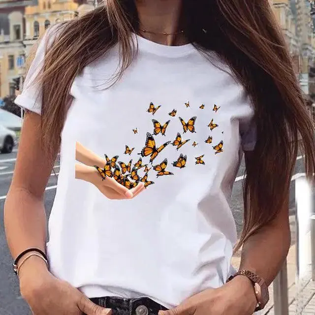 Women'S Butterfly Graphic Printed T-Shirt Short Sleeve Large Size Loose Fashion Top