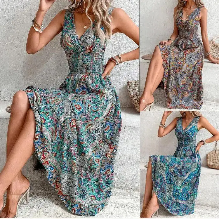Women's Clothing Cross-border New Fashion Temperament High Waist Sleeveless Bohemian Dress