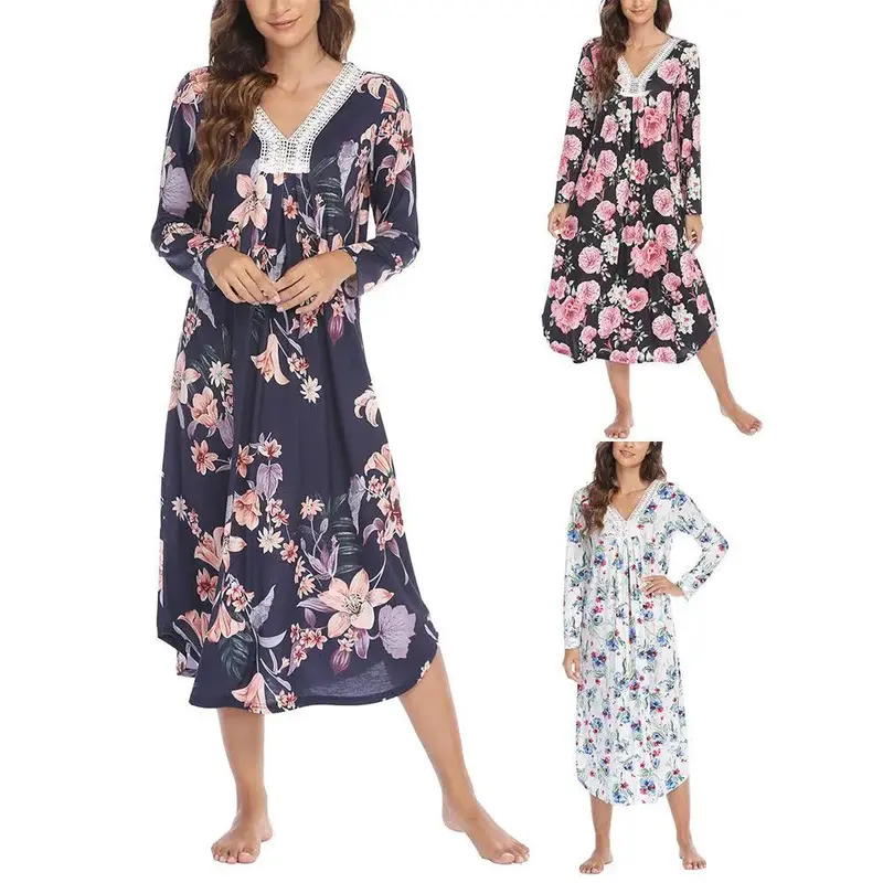 Women's Clothing Dress Printed Lace V-neck Patchwork Long Sleeve Nightdress