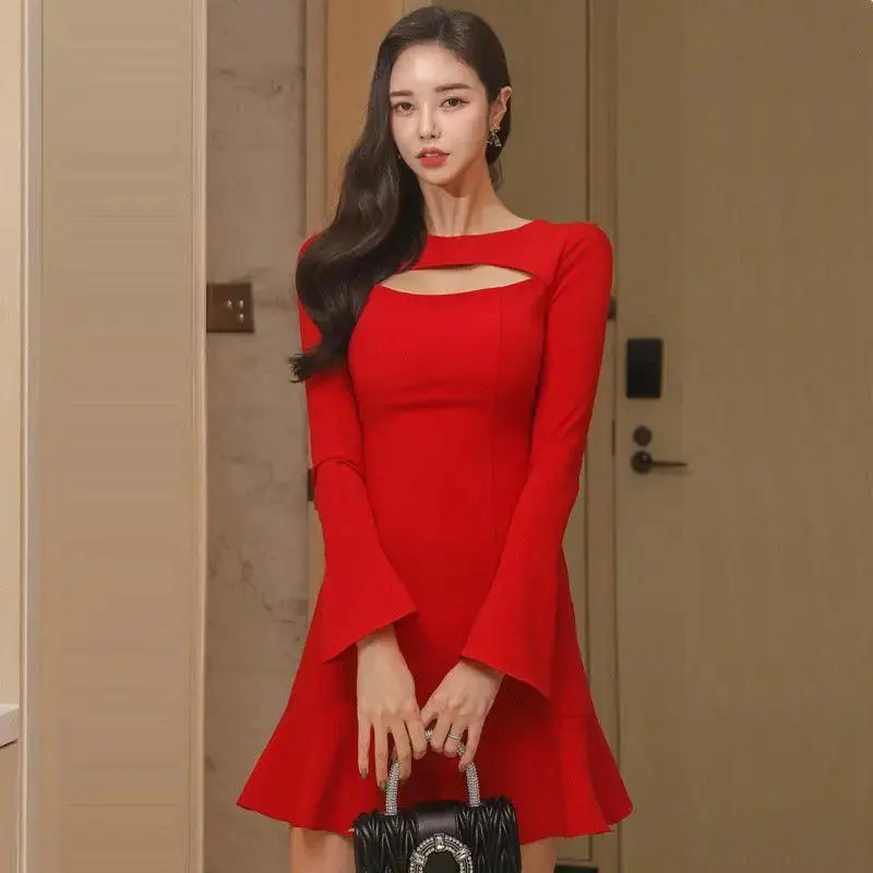 Women's Cutout Flared Sleeve Slim Fit Ruffle Dress