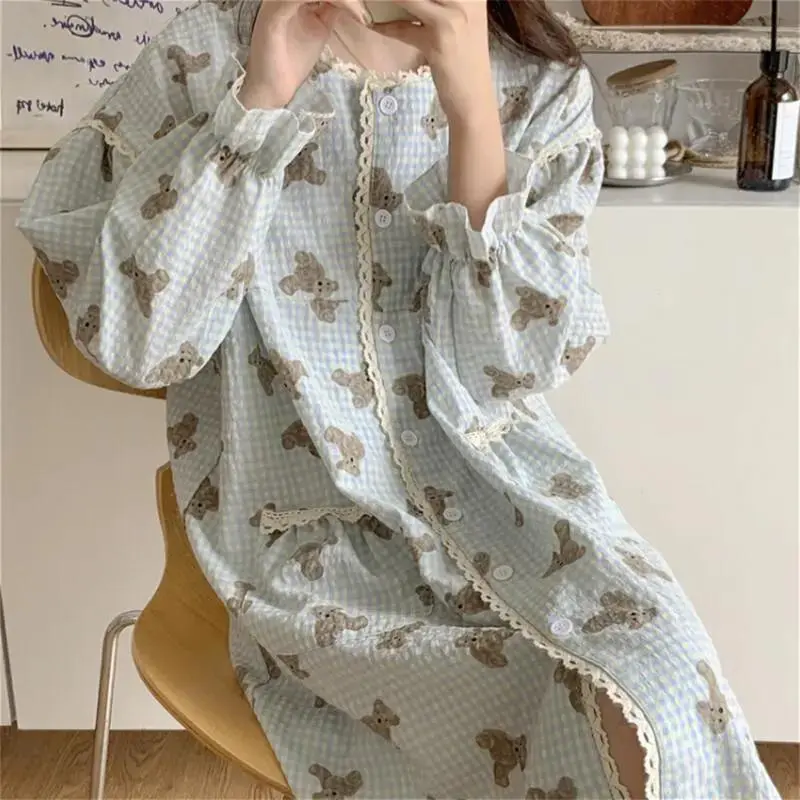 Women's Fashion Plaid Long Sleeve Nightgown