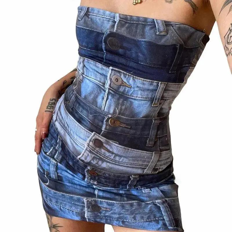 Women's Fashion Printed Slim Fit Tube Top Package Hip Dress