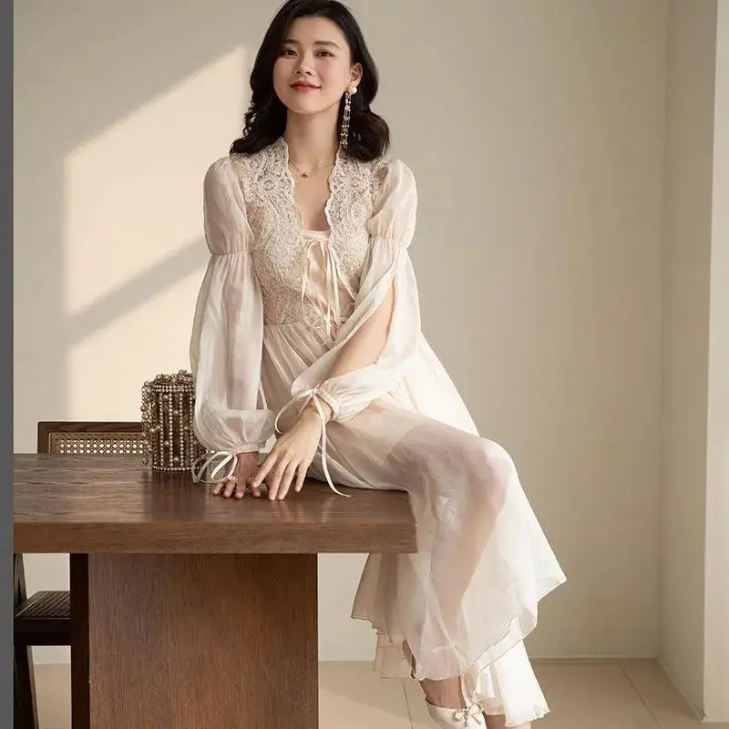 Women's Lace Long Tail Cardigan Nightgown Dress