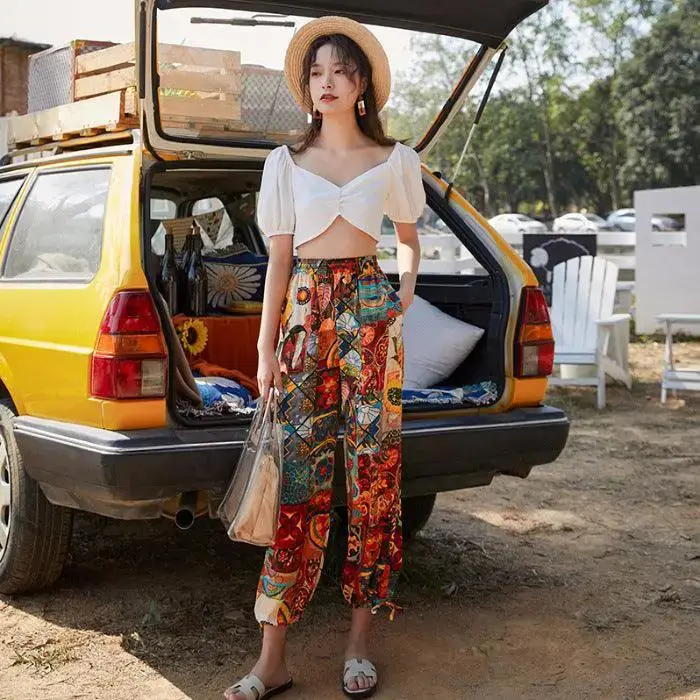 Women's Loose Retro Print Beach Pants