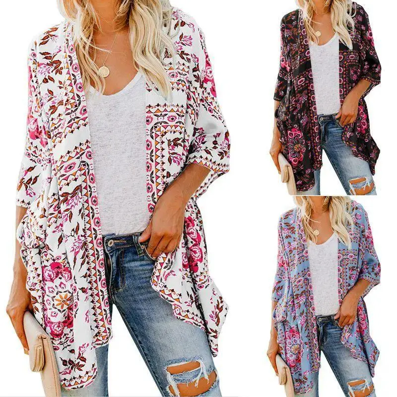 Women's Mid Length Cardigan Long Sleeve Printed Kimono Blouse Thin Sun Protection