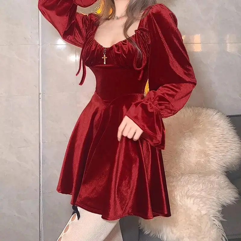 Women's New Fashion Sexy Retro Square Neck Long Sleeve Waist Slim Dress