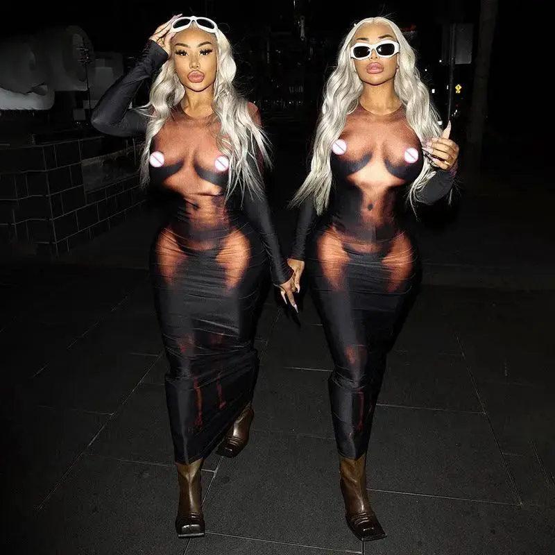 Women's New Round Neck Long Sleeve Sexy Body Print Long Dress
