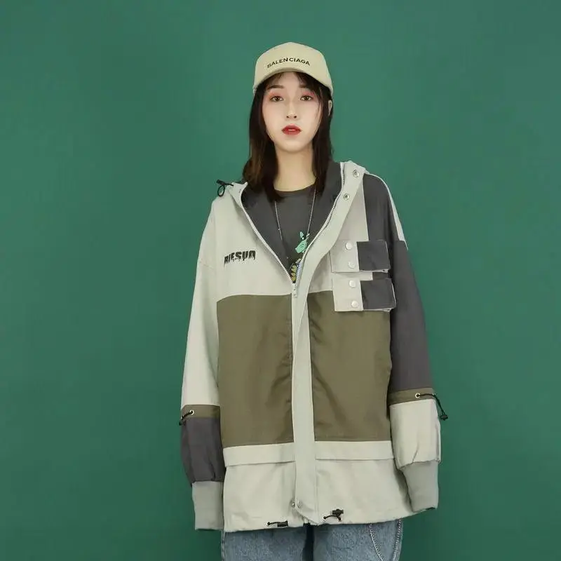 Women's Plus Size Hooded New Loose Colorblock Jacket