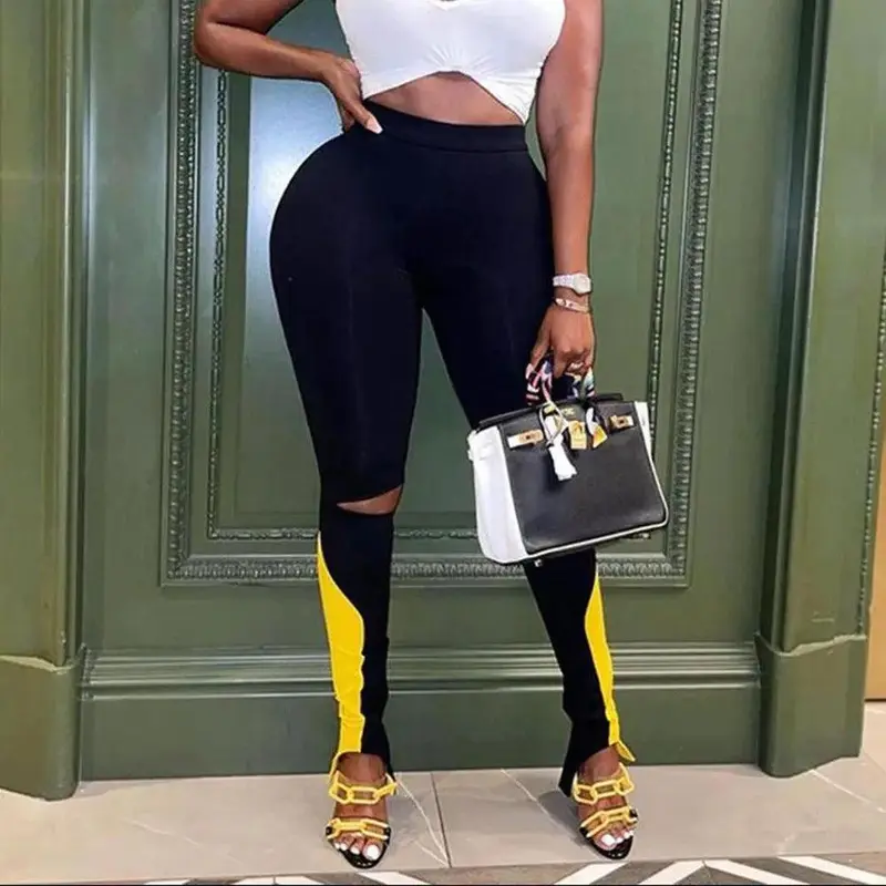 Women's Tight Hollow-out Ripped Skinny Bell-bottom Pants Trousers