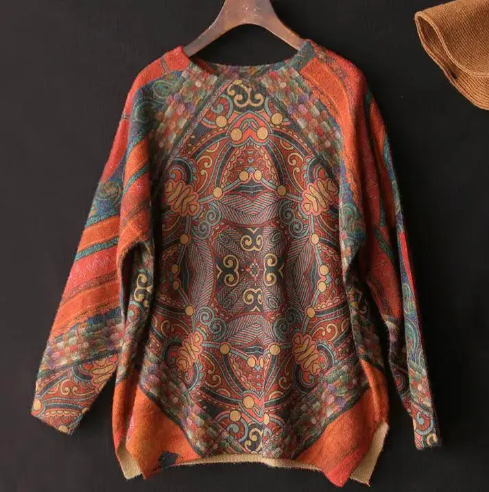 Women's Vintage Printed Imitation Mink Round Neck Sweater