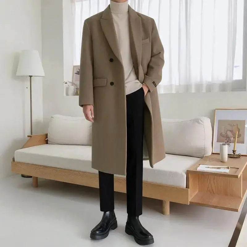 Woolen Coat Men\'s British Style Korean Fashion Winter Woolen Coat Medium Length Thickened Denim Windbreaker