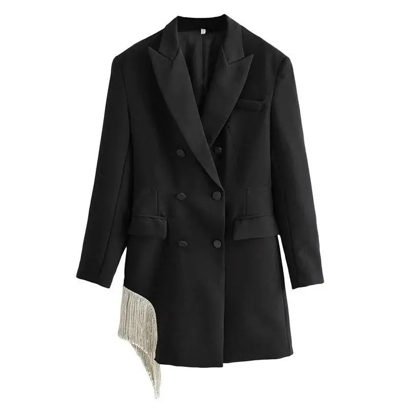 ZA Women Fashion Double-breasted Blazers Coat Vintage Long Sleeves Female Black Slim Tassel Drill Decoration Chic Outerwear