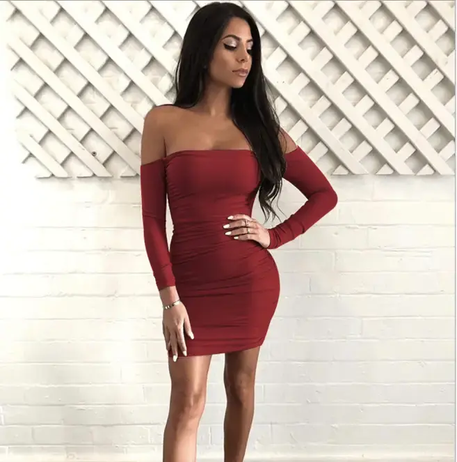 ZY8903 Europe and America sexy shoulder length sleeve sleeve hip dress, Amazon cross border autumn and winter burst 5 colors 4 yards
